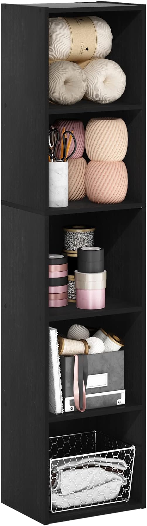 Furinno PASIR Book Shelf, 5-Tier Modern Bookshelf, Open Shelves Bookcase 9 x 12 x 52, Easy Assembly, for Living Room, Bedroom, Home Office, Blackwood