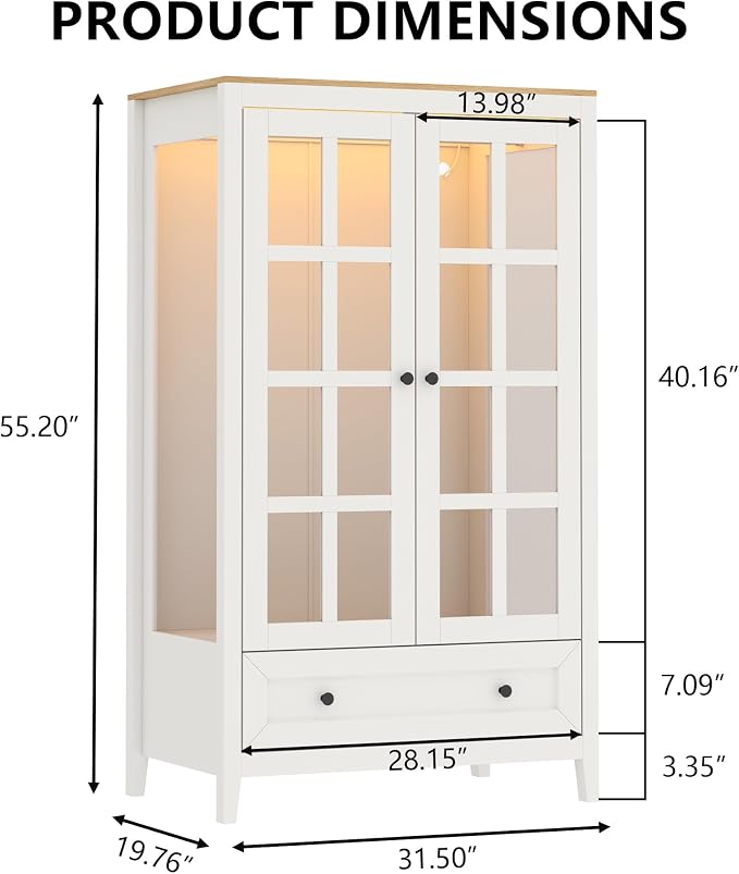 Gyfimoie Armoire Wardrobe Closet with LED Lights, 55'' Modern Clothing Storage Cabinet with Glass Doors and Drawer, Large Wardrobe Cabinet with Hanging Rod for Bedroom