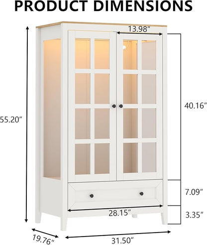 Gyfimoie Armoire Wardrobe Closet with LED Lights, 55'' Modern Clothing Storage Cabinet with Glass Doors and Drawer, Large Wardrobe Cabinet with Hanging Rod for Bedroom