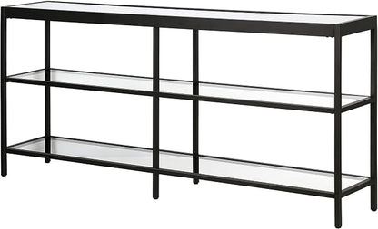 Henn&Hart 64" Wide Rectangular Console Table in Blackened Bronze, Entryway Table, Accent Table for Living Room, Hallway | Open lower shelves adds practical storage while the glass design keeps spaces feeling bright for living rooms or entryways