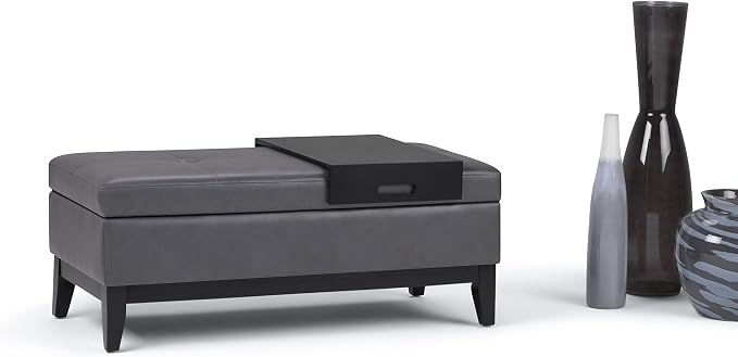 SIMPLIHOME Oregon Storage Ottoman Bench with Tray - 42 inch Wide Upholstered Vegan Leather Rectangle Storage Ottoman Bench in Stone Grey, Transitional Tufted Ottoman for Living Room with Lift-Up Lid