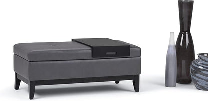 SIMPLIHOME Oregon Storage Ottoman Bench with Tray - 42 inch Wide Upholstered Vegan Leather Rectangle Storage Ottoman Bench in Stone Grey, Transitional Tufted Ottoman for Living Room with Lift-Up Lid