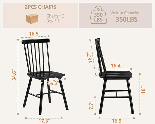 PrimeZone Windsor Dining Chairs Set of 2 - Solid Rubber Wood Farmhouse Kitchen Chair with Spindle Back, Mid-Century Modern Side Dining Chair for Dining Room, Kitchen & Restaurant, Black