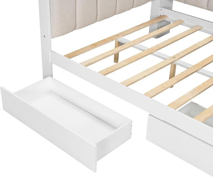Bellemave Full Upholstered Daybed with Desk and Drawers and USB/LED Belt, Corner Bed with Trundle, L-Shape daybed for Bedroom Living Room, White（Linen）
