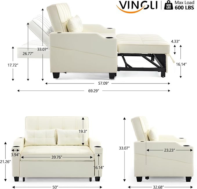 VINGLI Beige Loveseat Sleeper Sofa, Convertible Futon Sofa Bed Pullout Couch Bed with USB Ports, Cup Holders, Armrest for Living Room, Bedroom, Home Office Apartment