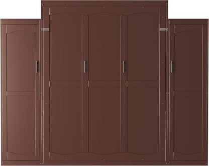 Merax Queen Size Wood Murphy Bed, with 2 Wardrobe and Storage Shelf, Multifunctional Foldable Wall Platform Bedframe for Guest-Room, Bedroom, Walnut