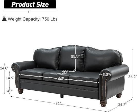 81" Genuine Leather Sofa, Classic 3-Seater Couchs with Wood Legs, Stylish & Comfortable Sofa for Living Room or Office, Easy Assembly and Maintain & Long-Lasting, Black