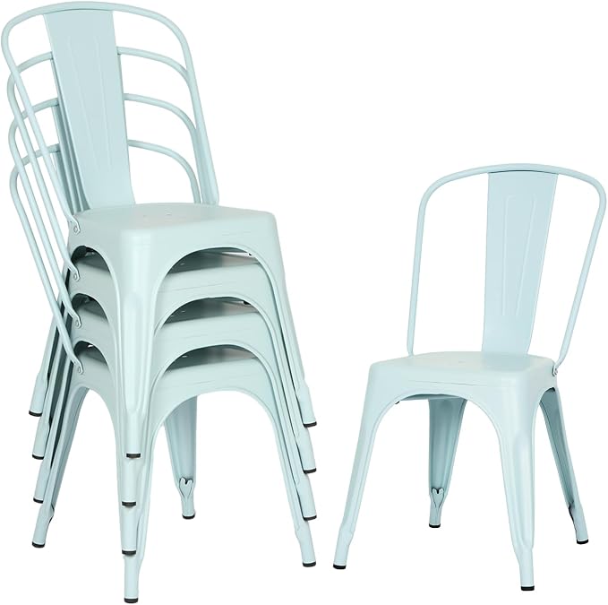 FDW | Set of 4 Metal Dining Chairs | Blue | Stackable Tolix Side Chairs with Backrest | Scratch-Resistant | Non-Slip Feet | Indoor/Outdoor Use | 330 lbs Capacity | Ideal for Kitchen & Restaurant