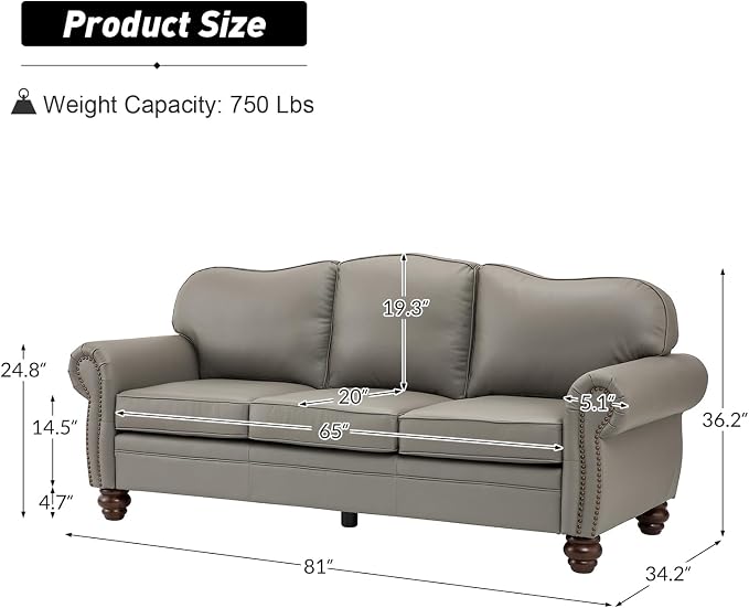 81" Genuine Leather Sofa, Classic 3-Seater Couchs with Wood Legs, Stylish & Comfortable Sofa for Living Room or Office, Easy Assembly and Maintain & Long-Lasting, Grey