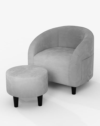 GarveeHome Chair and Ottoman Set, Modern Velvet Barrel Armchair for Living Room, Comfortable Side Chair with Footrest for Apartment Small Space, Grey