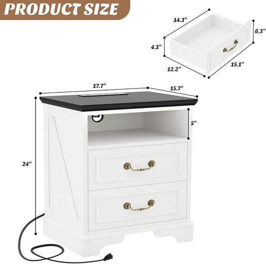 Unikito Farmhouse Nightstand with Charging Station, Bedside Table with 2 Large Drawers & Vintage Handles, Side Table with Open Storage for Bedroom (Antique White)