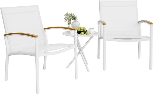 Shintenchi 3 Pieces Patio Bistro Sets, Outdoor Textilene Fabric Conversation Bistro Set, Textilene Fabric Front Porch Chairs Small Patio Furniture Set with Table for Lawn,Garden,Balcony (White)