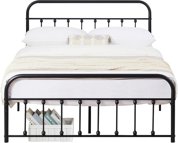 VECELO Black Victorian Style Metal Bed Frame with Headboard/Mattress Foundation/No Box Spring Needed/Under Bed Storage and Strong Slat Support King Size