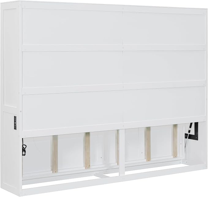 Ball & Cast Queen Size Murphy Bed with Charging Station and Slat Support,Wood Hideaway Cabinet Platform Beds w/Leg & Lock,can be Folded,Space-Saving,for Small Room,Dorms,White