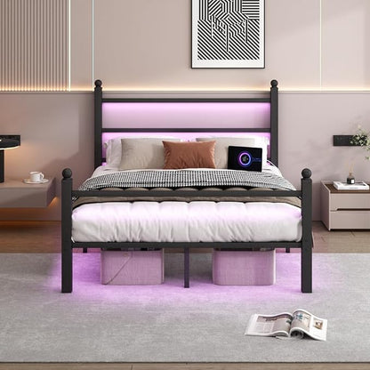 CLIBFENG Full Size Bed Frame with Headboard and Footboard,Steel Slats Support-LED Bed Frame with Charging Station,Mattress Foundation-Under Bed Storage, No Box Spring Needed,Noise Free,Black