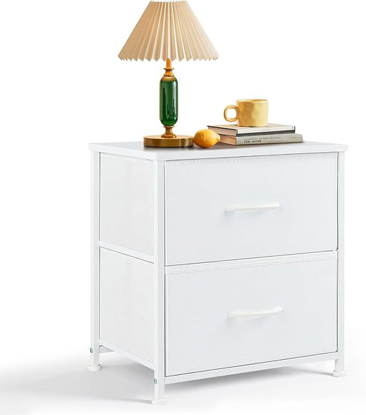 Nightstand, Small 2 Drawer Dresser End Table Bedside Furniture, Wooden Top Fabric Bins for Bedroom, Closet, Entryway, Dorm, 11.8" D x 18" W x 20", White