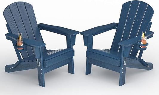 GarveeLife Folding Adirondack Chair Set of 2, All-Weather HDPE Outdoor Chair, Wooden Textured with Cup Holder for patios, Decks, Gardens, fire pits, Navy Blue