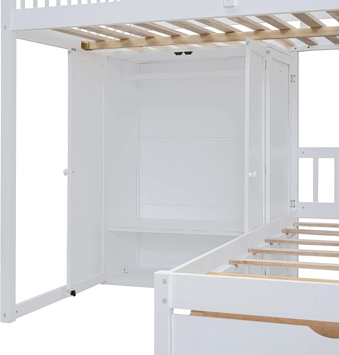 Merax Full Over Twin Bunk Bed with Wardrobe and Drawers, White