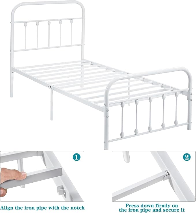 VECELO Twin Size Sturdy Metal Platform Bed Frame Classic Victorian Style Bed Frame with Headboard and Footboard Under Bed Storage No Box Spring Needed White