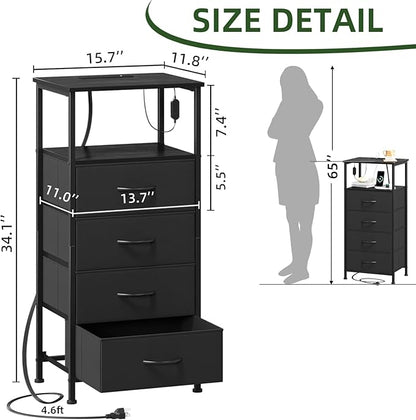 Somdot Black Nightstand with Charging Station and LED Light for Bedroom, Tall 4 Drawers Dresser with Fabric Bins for Bedside Kids Dorm Room Closet Laundry Entryway, Black