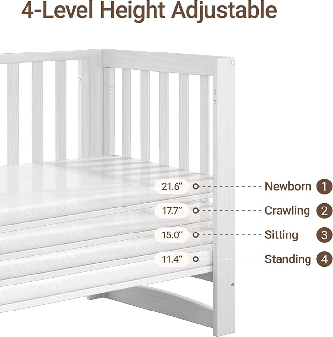 MAMAZING EvoNest 6-in-1 Convertible Baby Mini Crib with Wheels | GREENGUARD Gold Certified, New Zealand Pine Wood, 4 Adjustable Heights, Rocking Mode, Small Spaces Design, White