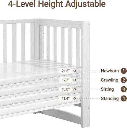 MAMAZING EvoNest 6-in-1 Convertible Baby Mini Crib with Wheels, GREENGUARD Gold Certified, 4 Adjustable Mattress Heights, 100% New Zealand Pine Wood, Portable Woodern Crib for Small Spaces, White