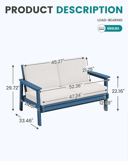 SERWALL HDPE Outdoor Patio Loveseat, Blue Frame and Khaki Cushion