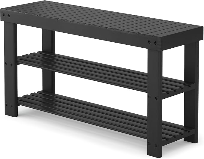 Sweetcrispy 3-Tier Shoe Rack Bench for Entryway, 35 Inches, Black | Bamboo Shoe Storage Bench, Shoes Rack for Entrance, Living Room, Balcony, 8 Pairs, 286lb Capacity