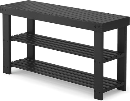 Sweetcrispy 3-Tier Shoe Rack Bench for Entryway, 35 Inches, Black | Bamboo Shoe Storage Bench, Shoes Rack for Entrance, Living Room, Balcony, 8 Pairs, 286lb Capacity