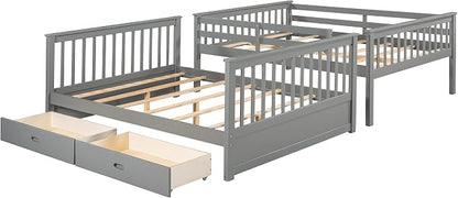 Merax Full-Over-Full Bunk Bed with Two Storage Drawers, Solid Wood Full Size Bunk Bed with Guardrail and Removable Ladder, Can be Converted Into 2 Separate Beds, Grey