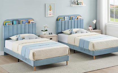 GarveeHome Twin XL Bed Frame with Storage Headboard, Velvet Upholstered Platform Bedframe for Kids, Boy Bed, Strong Wooden Slats, Noise-Free, Easy Assembly, No Box Spring Needed, Blue