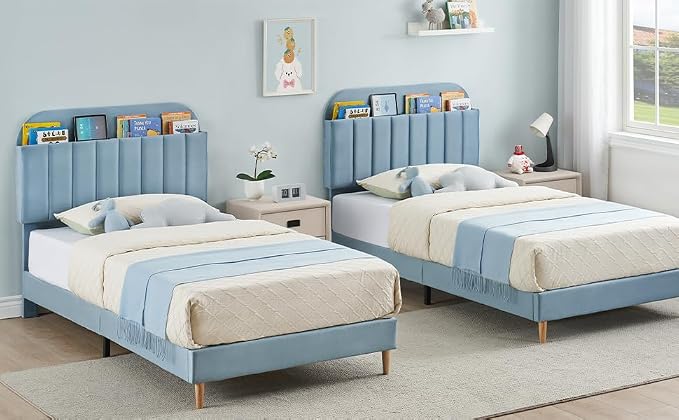 GarveeHome Twin Bed Frame with Storage Headboard, Velvet Upholstered Platform Bedframe for Kids, Boy Bed, Strong Wooden Slats, Noise-Free, Easy Assembly, No Box Spring Needed, Blue