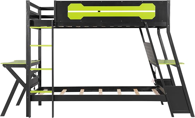 Merax Wooden Twin Over Twin Bunk Bed with 2 Side Desks, USB Desktop Ports and Pegboard Organizer, Gaming Bunk Bed for Gamer, Kids or Teens, No Box Spring Needed, Green