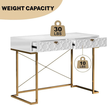 Clihome Console Table with 2 Drawers, 42'' Entryway Table with Storage, Desktop Sofa Table Hallway with Golden Legs and X-Shaped Bracket