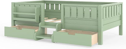 Bellemave Twin Bed with Storage Drawers & Bookshelf, Low Profile Kids Bed Frame with Staircase & Full Length Guardrails, Wood Twin Bed for Kids with Slats Load 350LBS, Easy Assembly, Green