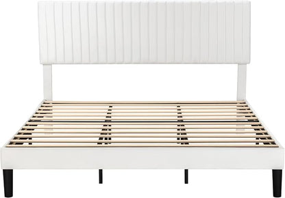Allewie King Bed Frame, Velvet Upholstered Platform Bed with Adjustable Vertical Channel Tufted Headboard, Mattress Foundation with Strong Wooden Slats, Box Spring Optional, Easy Assembly, Off-White