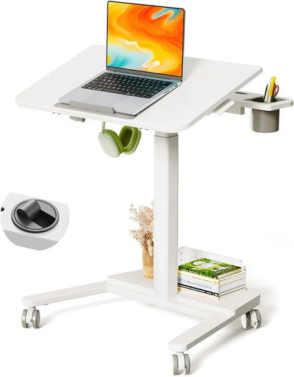 28" Mobile Standing Desk, Height Adjustable Rolling Laptop Cart with 60° Tiltable Top & Storage Shelf, Stand up Desk on Wheels, Portable Workstation for Home Office, White