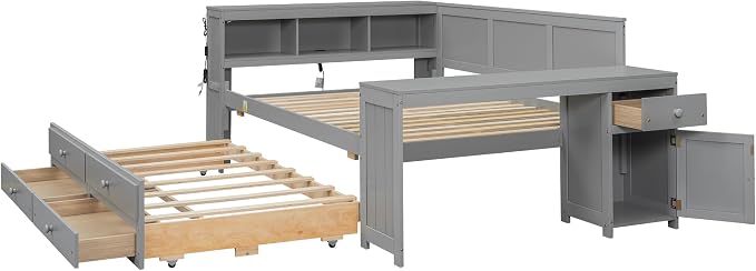 Bellemave Full Corner Bed Frame, Twin Size Captain beds with Storage Cabinets and Desk, Wood Daybed with Bookcase Trundle and Drawers, Gray