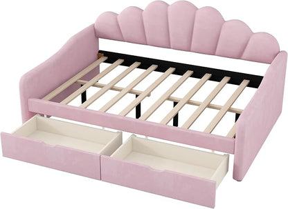 Merax Modern Upholstered Platform Bed Frame with Shall Shaped Backrest & Storage Drawers, Velvet Low Sofa Day Bed, No Box Spring Needed/Easy Assemble/Full,Pink