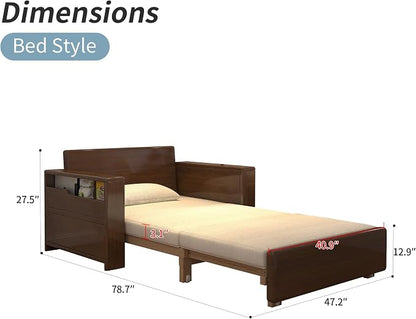 48" 3-in-1 Storage Sleeper Sofa Bed, Walnut Finish Solid Wood Frame | Solid wood sofa for living rooms, apartments & offices — single-size, it works as a guest bed to maximize small space.