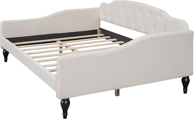 Merax Full Size Daybed, Solid Wood Sofa Bed Frame, Upholstered Tufted Daybed for Living Room, Bedroom and Guest Room, Beige
