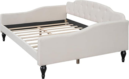 Merax Full Size Daybed, Solid Wood Sofa Bed Frame, Upholstered Tufted Daybed for Living Room, Bedroom and Guest Room, Beige