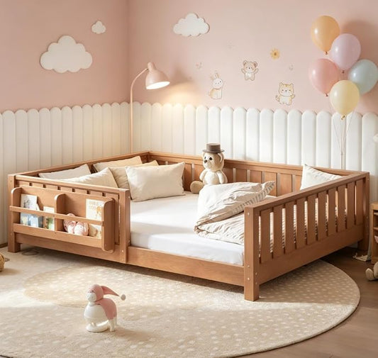 Bellemave Full Size Floor Bed with high Rails and with Built-in Bookshelf for Kids, Girls, Boys, Wood Montessori Floor Bed Without Door, Natural
