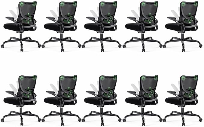 Marsail Ergonomic Office Chair Desk Chair with 3D PU Armrests and Adjustable Lumbar Support Breathable Mesh Chair Executive Rolling Swivel Comfy Task Chair for Home Office Gaming，Pack of 10