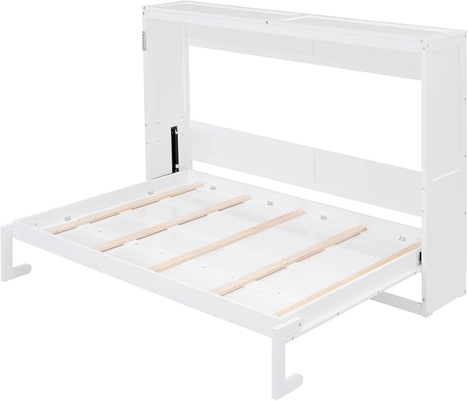 Merax Modern Farmhouse Solid Wood Murphy Bed Chest, Wall Bed with Wood Slat Support/No Box Spring Needed/Space Saving/Full,White