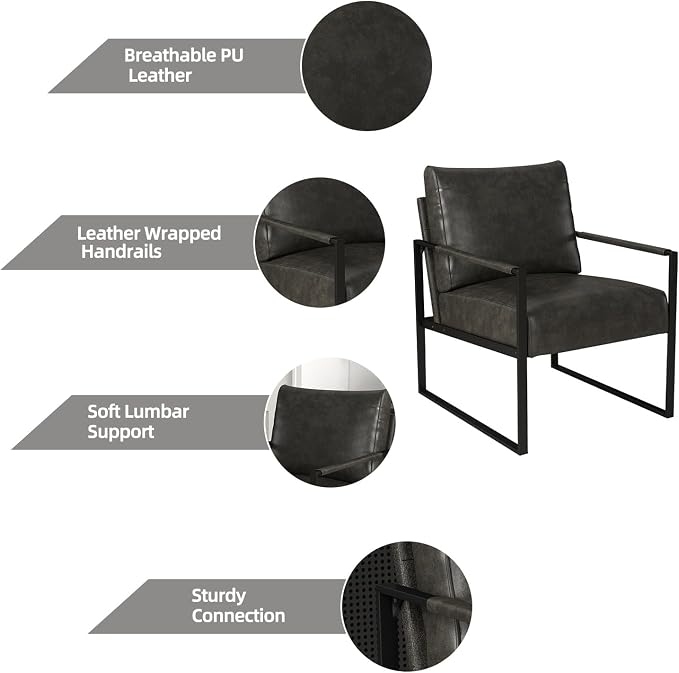 INZOY Leather Accent Chair with Metal Frame, Comfy Living Room Chair with Plump Cushion and Backrest, Mid Century Modern Chair with Sturdy Structure, Easy to Clean, Dark Grey