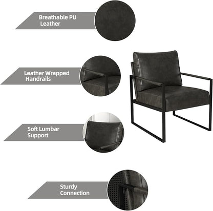 INZOY Leather Accent Chair with Metal Frame, Comfy Living Room Chair with Plump Cushion and Backrest, Mid Century Modern Chair with Sturdy Structure, Easy to Clean, Dark Grey