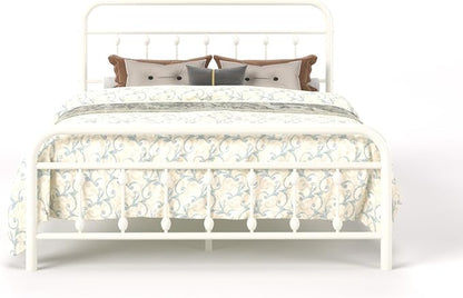 SHA CERLIN Queen Size Metal Platform Bed Frame with Victorian Style Iron-Art Headboard and Footboard, Easy Assembly, Under Bed Storage, No Box Spring Required, Off White