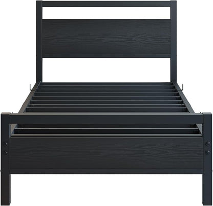 BOFENG Black Twin Bed Frame with Wood Headboard,Metal Single Platform Bed Frame Twin Size No Box Spring Needed,Heavy Duty Metal Slats Support,Noise Free,Single Bed Base,Easy Assembly
