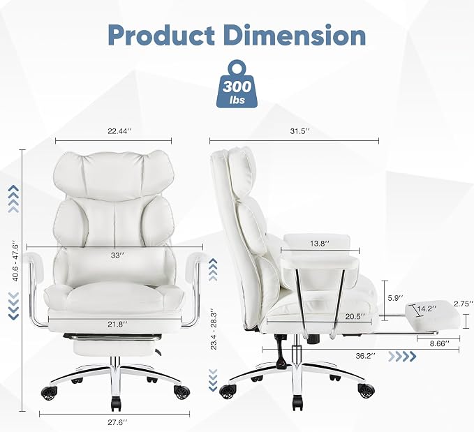 DUMOS Home Office Desk Executive Chair, Big Tall High Back, Snow White | Ergonomic Chair with Footrest & Lumbar Support, Height Adjustable, Comfy PU Leather Computer Gaming with Swivel Wheels